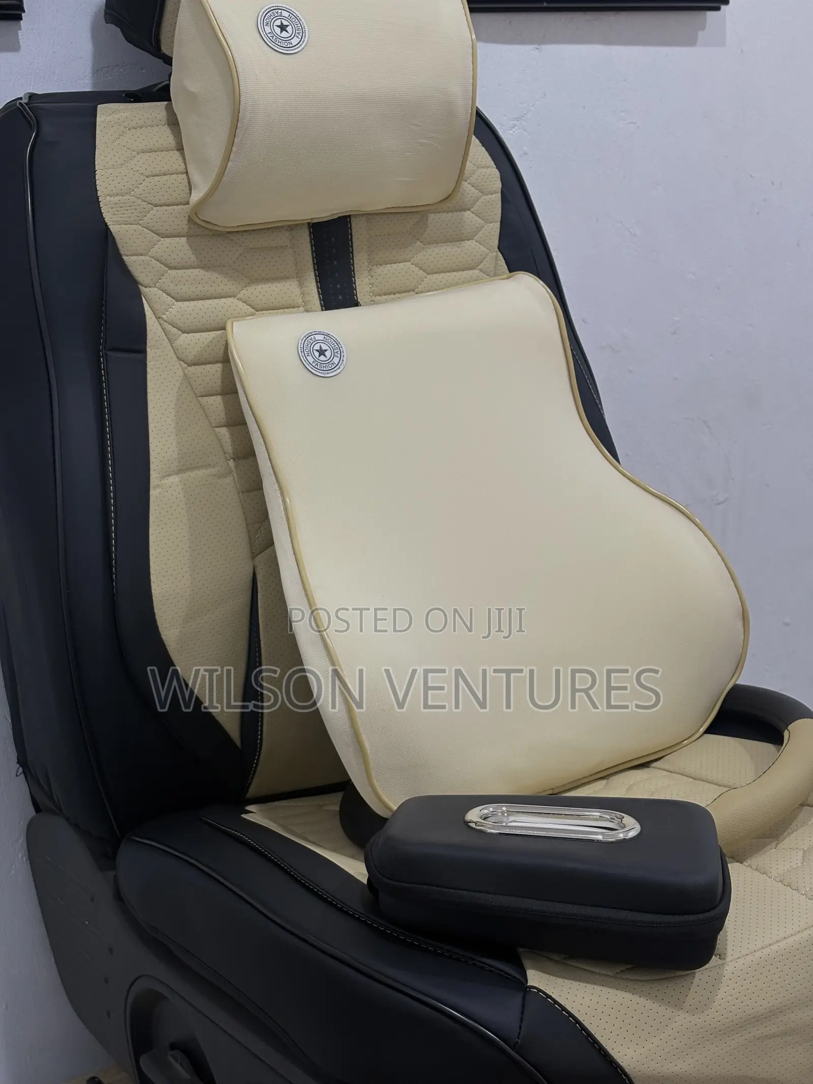 Universal Leather Car Seat Cover 5 Seater Milk And Black With Tissue
