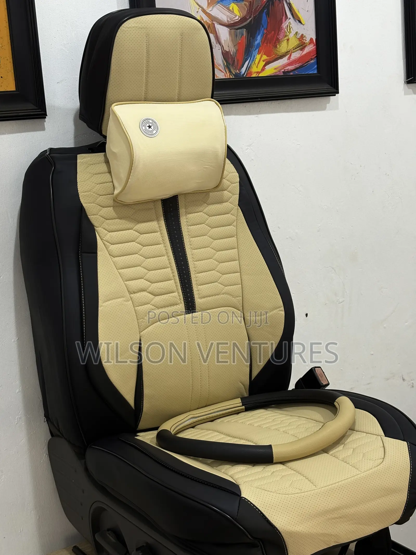 Universal Leather Car Seat Cover 5 Seater Milk And Black With Tissue