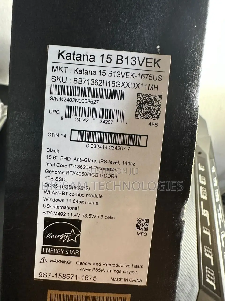 New Laptop MSI Katana 15 16GB Intel Core i7 SSD 1T