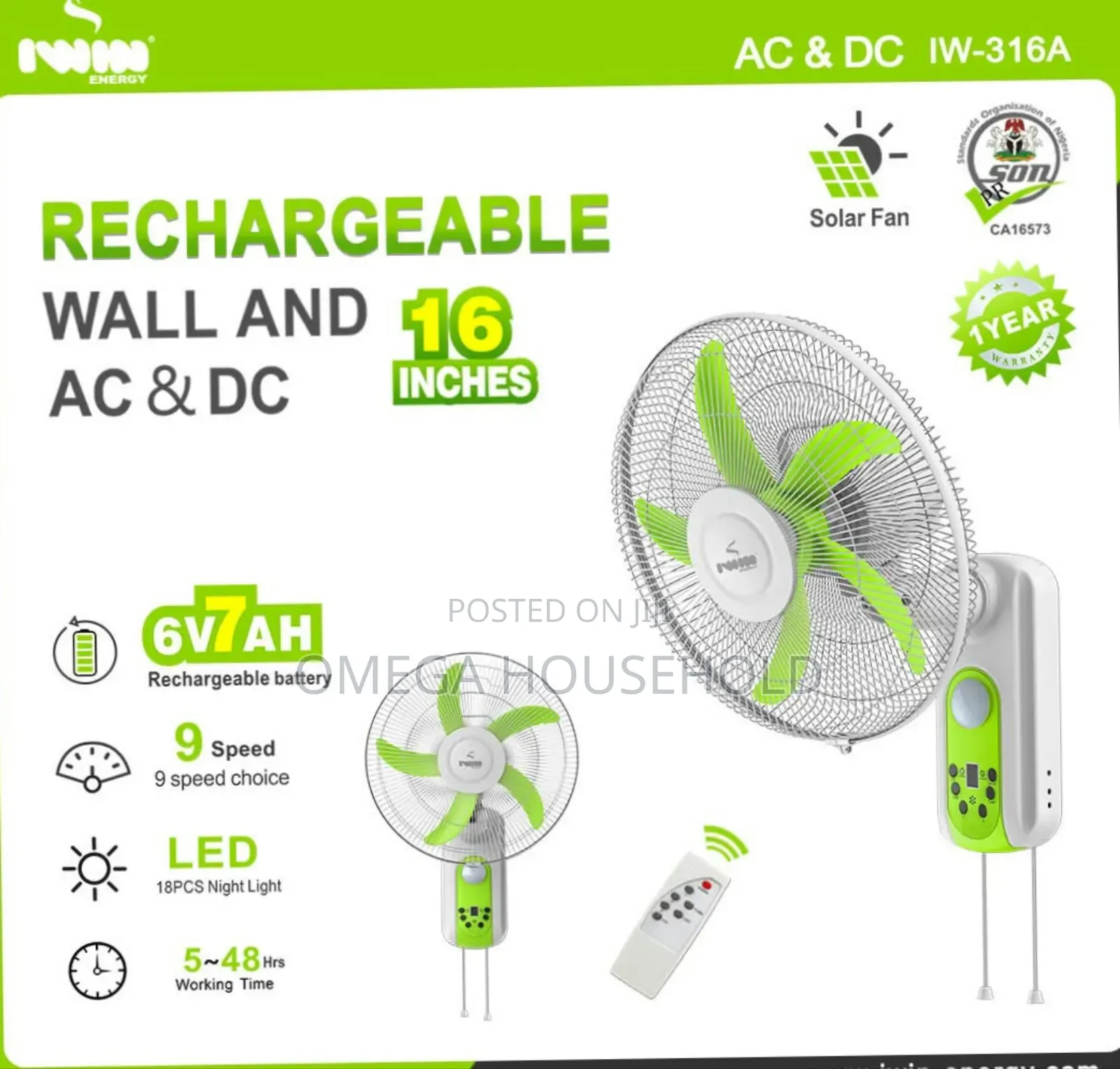 16" Iwin Rechargeable Ac/Dc Wall Fan
