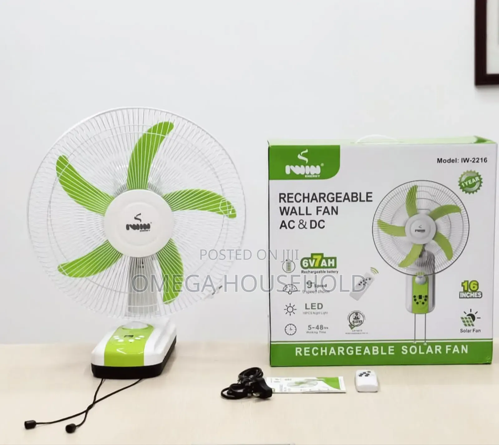 16" Iwin Rechargeable Ac/Dc Wall Fan