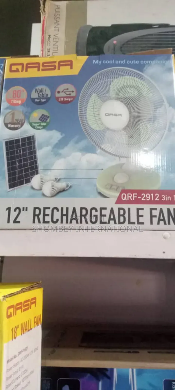 Qasa 12" 3in1 Desk/Table Rechargeable Solar Fan