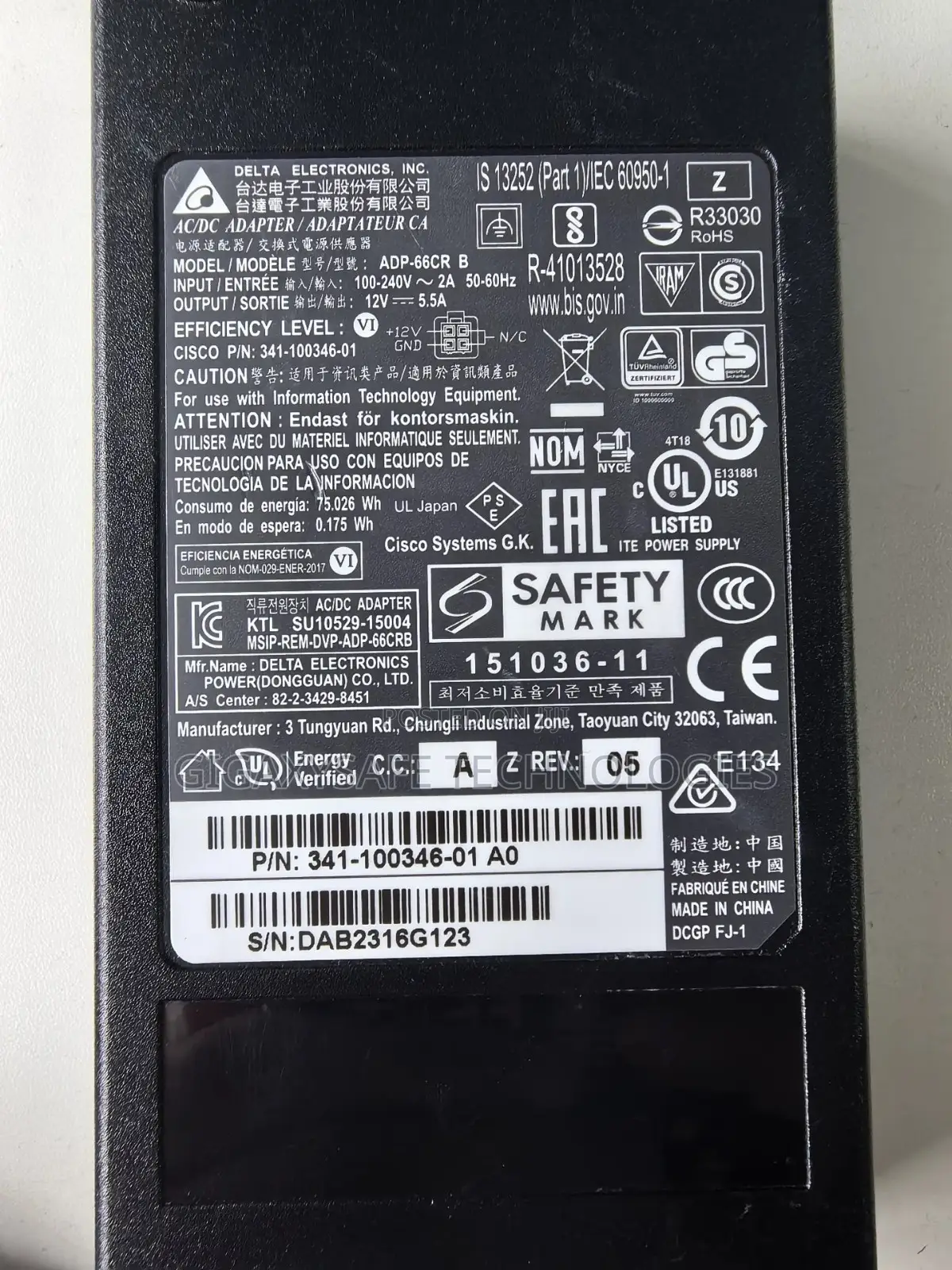 Cisco Pwr-66w-ac-v2 Adp-66cr 341-100346-01 12v 5.5a Power Supply