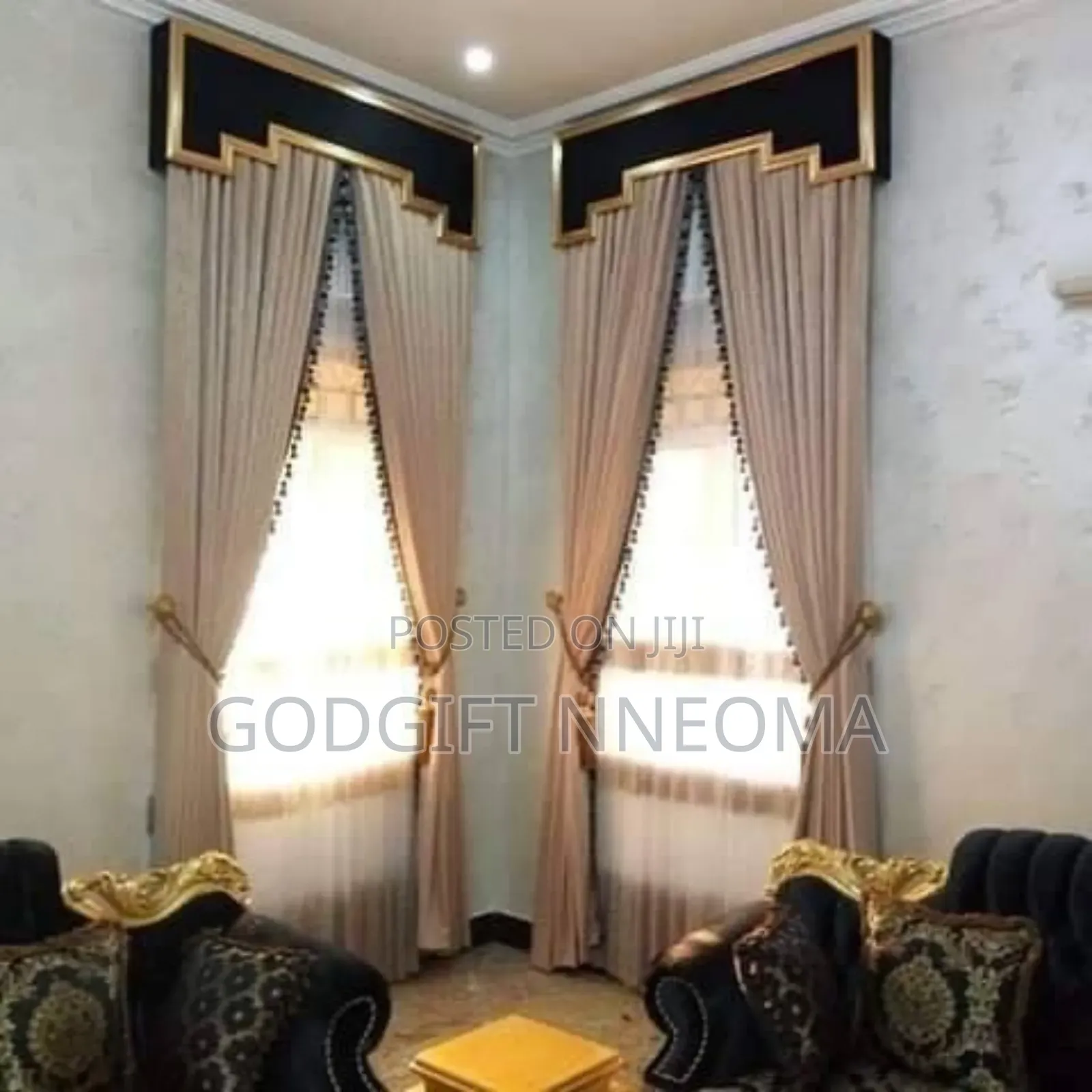 Art Deco Geometric Pelmet Curtains in Beige and Gold.