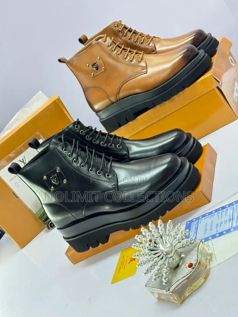 Black Leather Louis Vuitton Lace-Up Combat-Style Ankle Boots