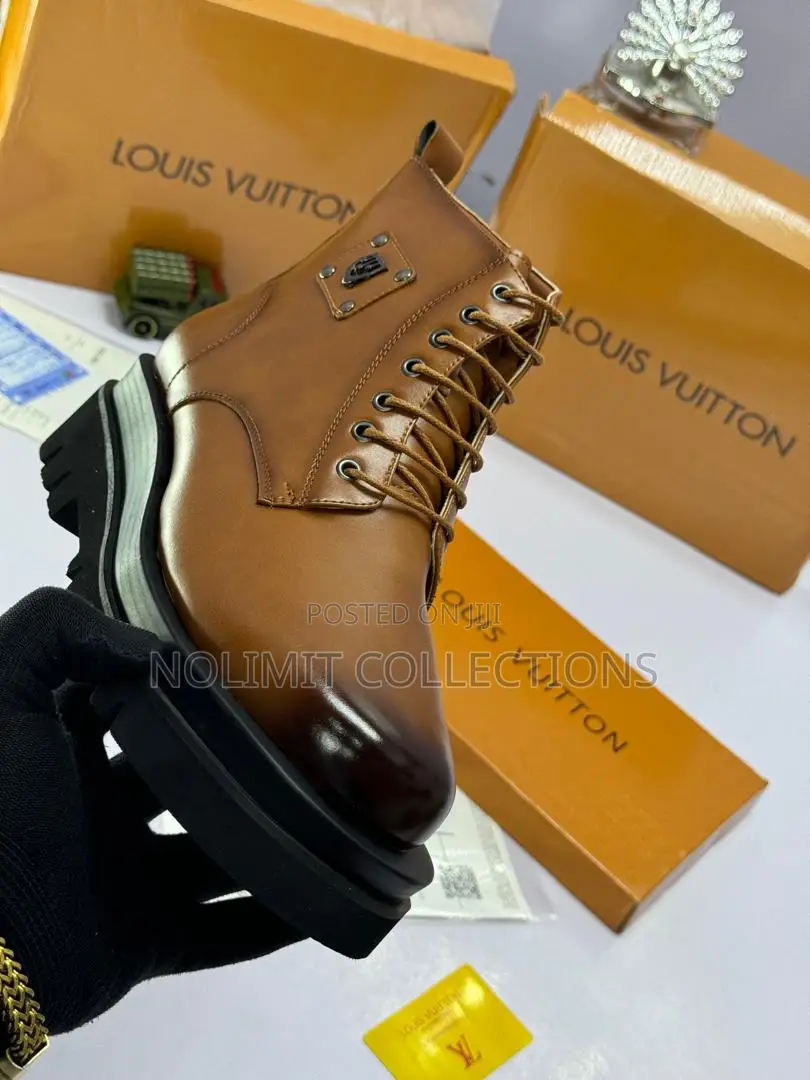Black Leather Louis Vuitton Lace-Up Combat-Style Ankle Boots
