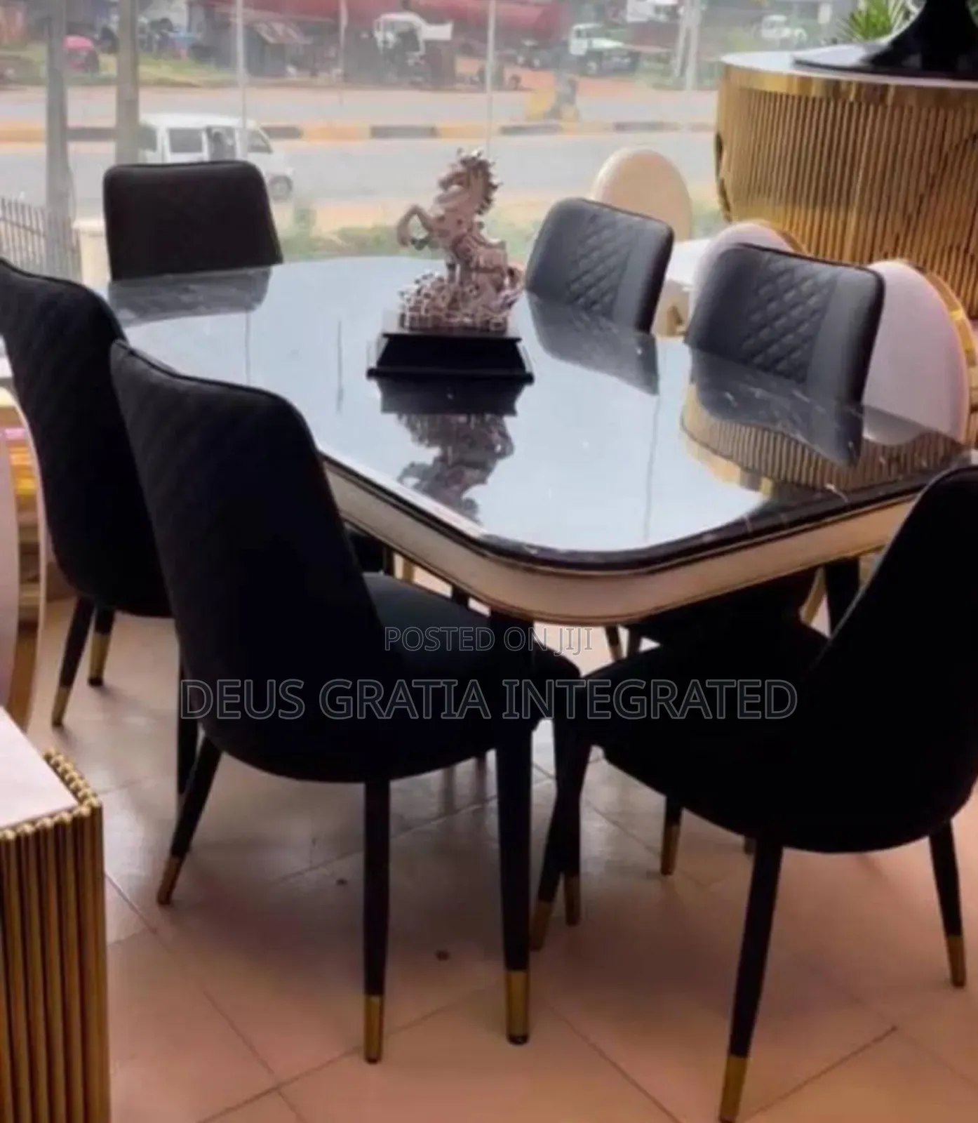 Classic Marble Dining Table With Black Leather And Mirror Top