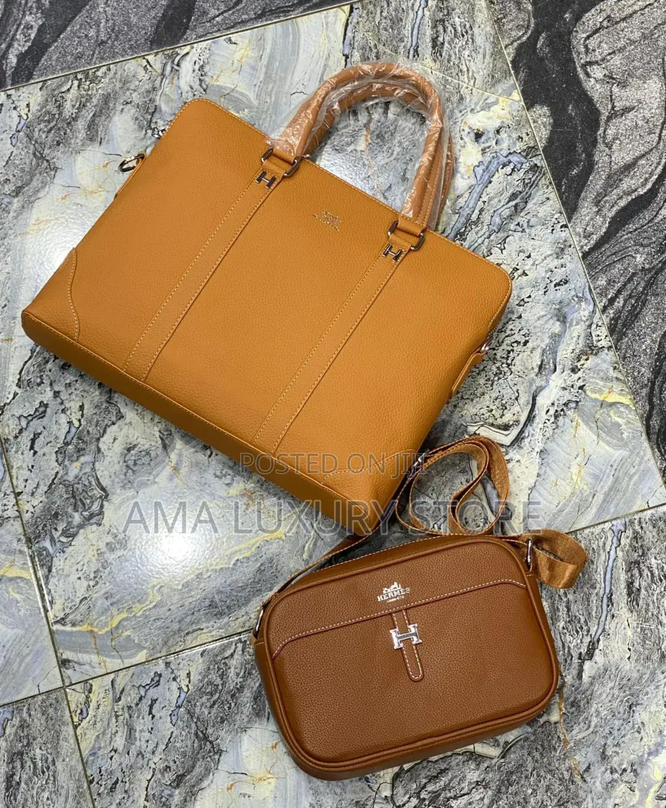 Hermes Genuine Leather Luxury Laptop/Cross Bags Set