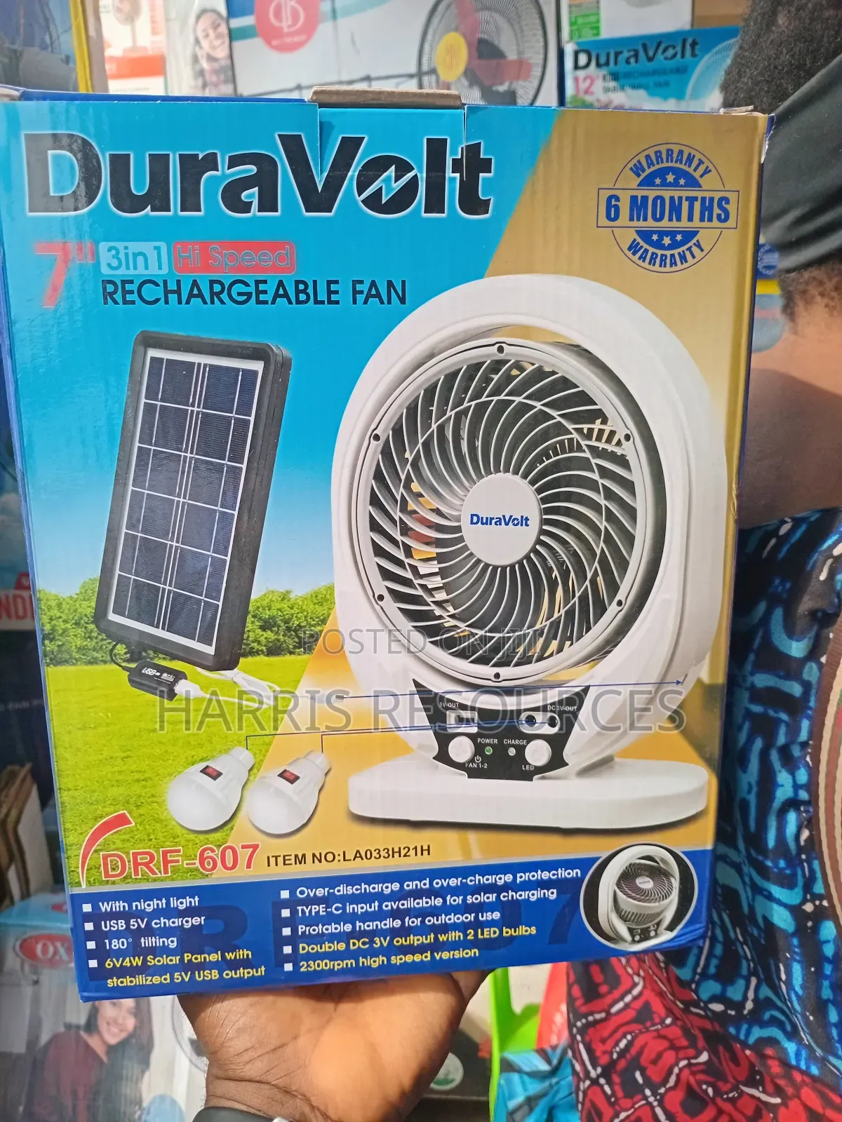 Duravolt 7 Inches Rechargeable Fan With Solar Panel