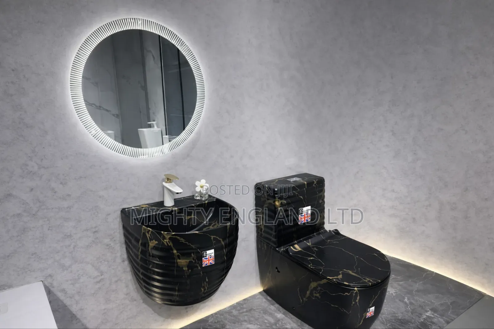 Luxury Black and Gold Water Closet and Wall-Hung Basin