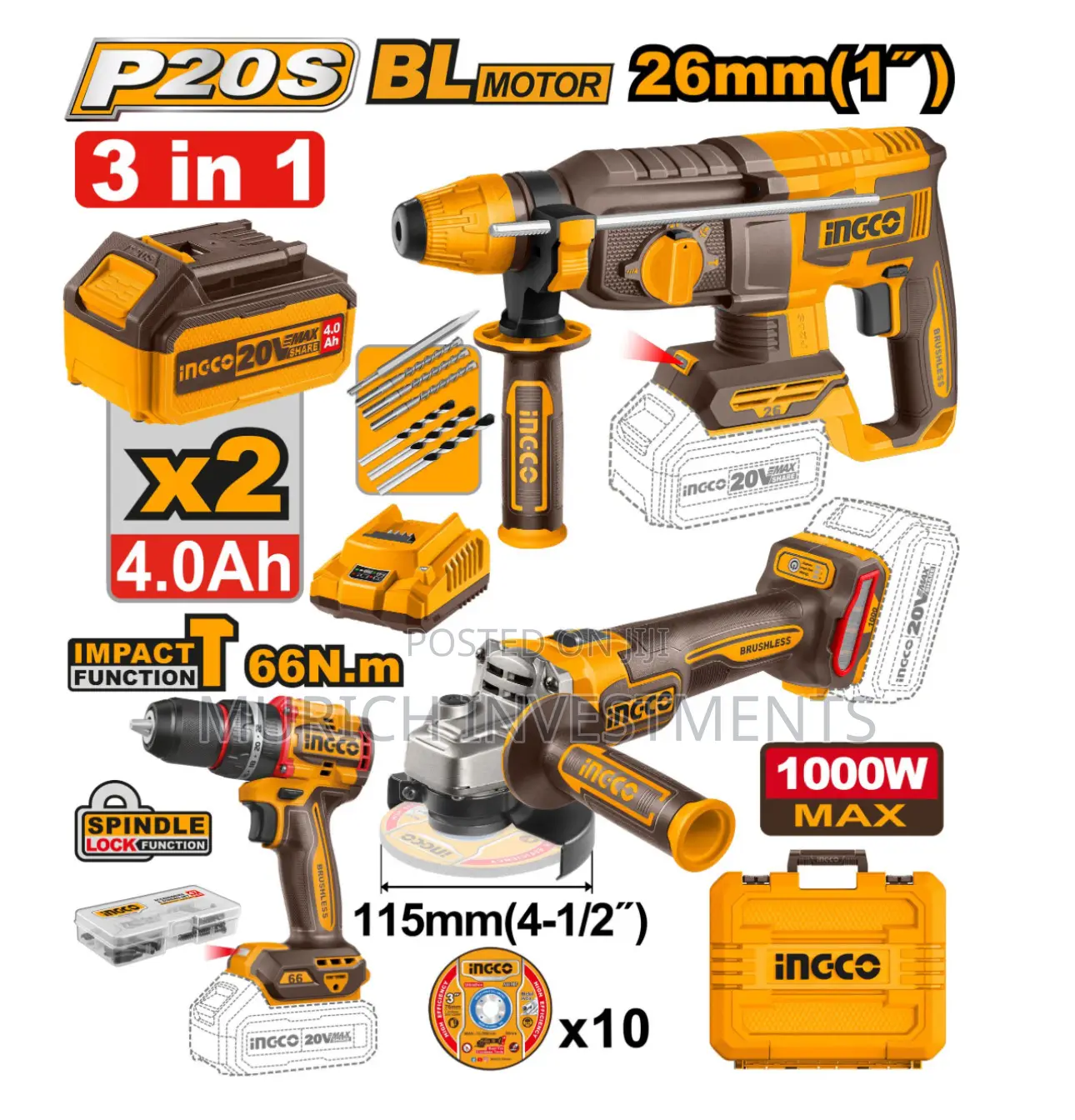 Ingco Cosli241198 3 PCS Cordless Combo Kit
