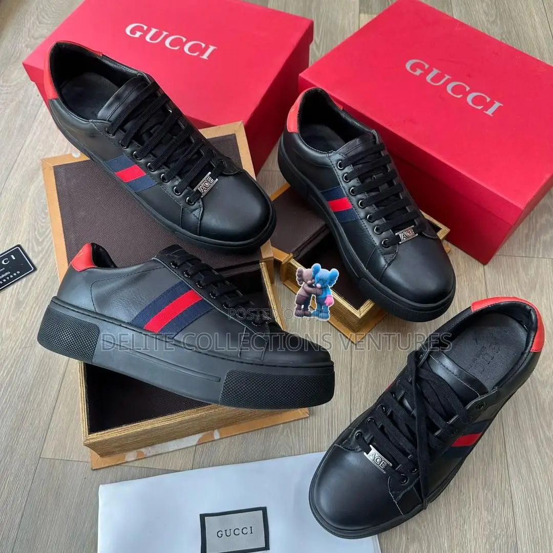New Gucci Ace Gg Monogram Black Leather. Bumper Sole——Shoe•
