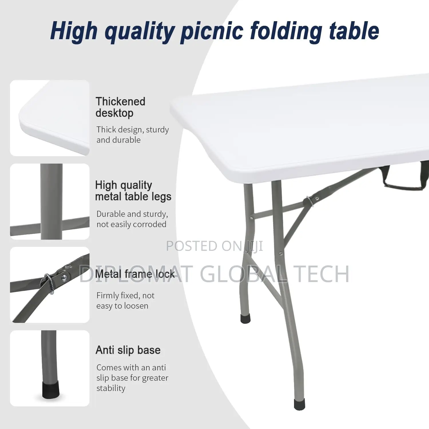 10-Seater Rectangular Plastic Folding Table 6ft With Metal Legs