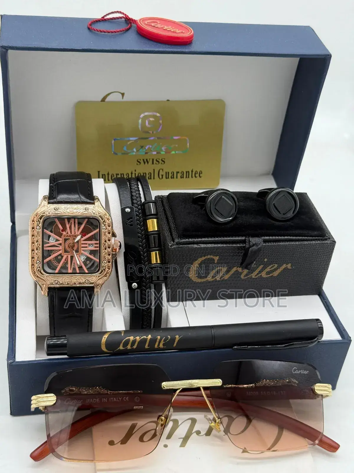 Cartier/Glasses/Bracelet/Cufflinks&Pen Leather Quality Wristwatch Set