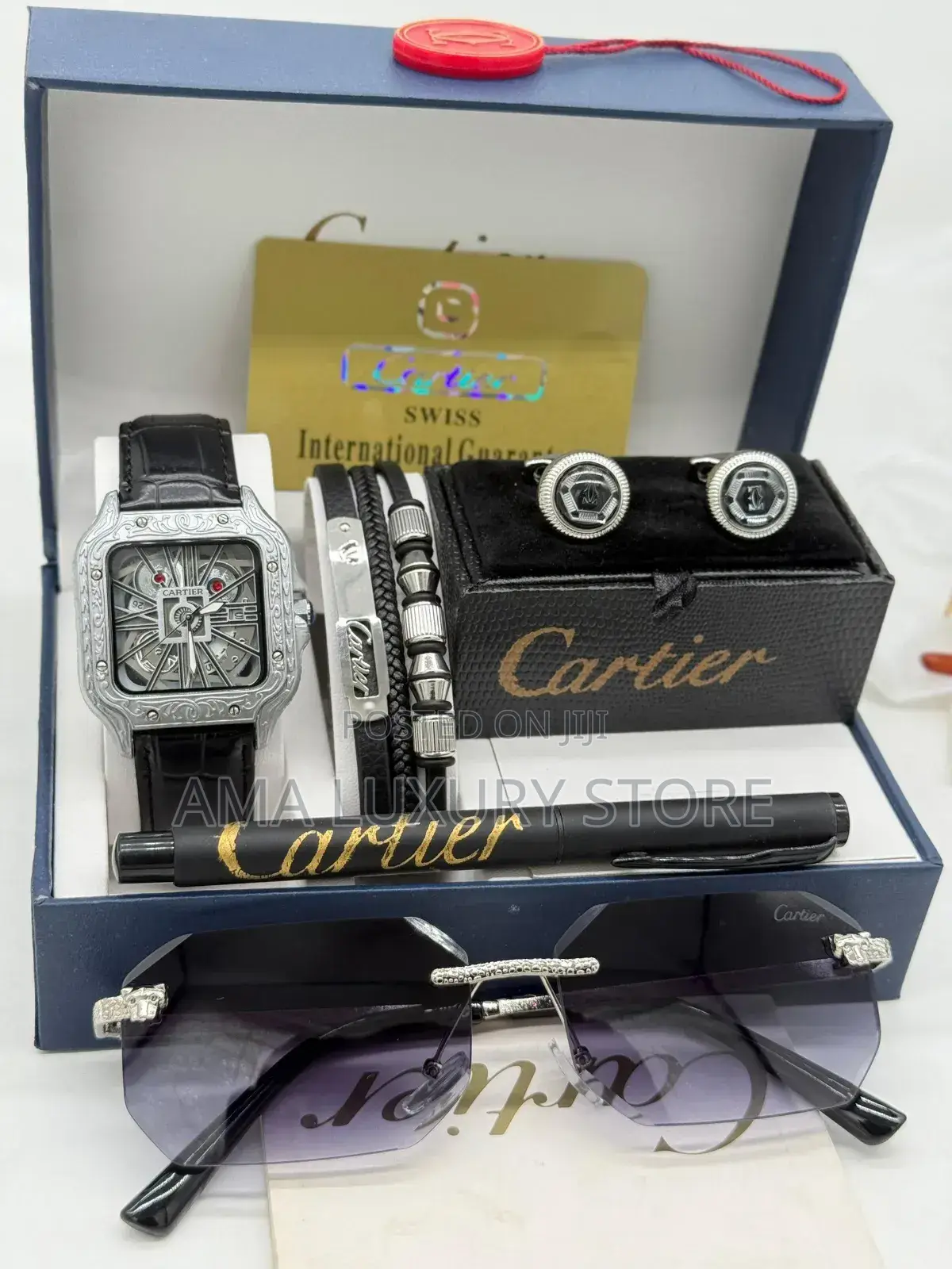 Cartier/Glasses/Bracelet/Cufflinks&Pen Leather Quality Wristwatch Set