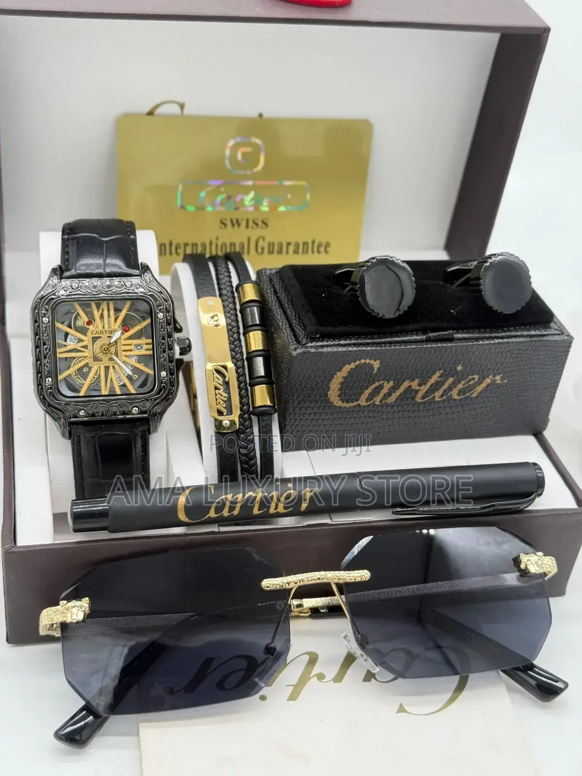Cartier/Glasses/Bracelet/Cufflinks&Pen Leather Quality Wristwatch Set
