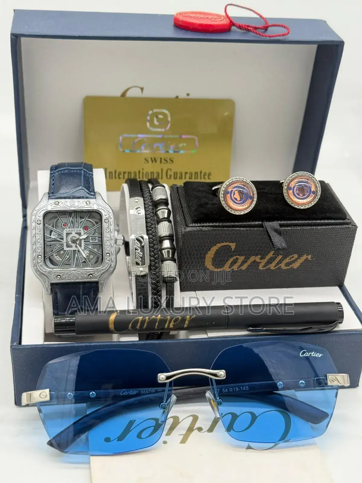 Cartier/Glasses/Bracelet/Cufflinks&Pen Leather Quality Wristwatch Set