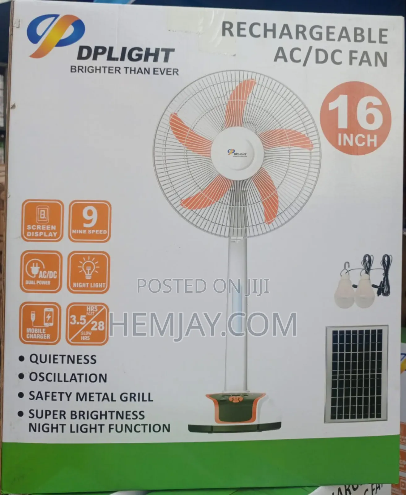 16 Inches Solar and Electronic Rechargeable Fan (Light Included and 