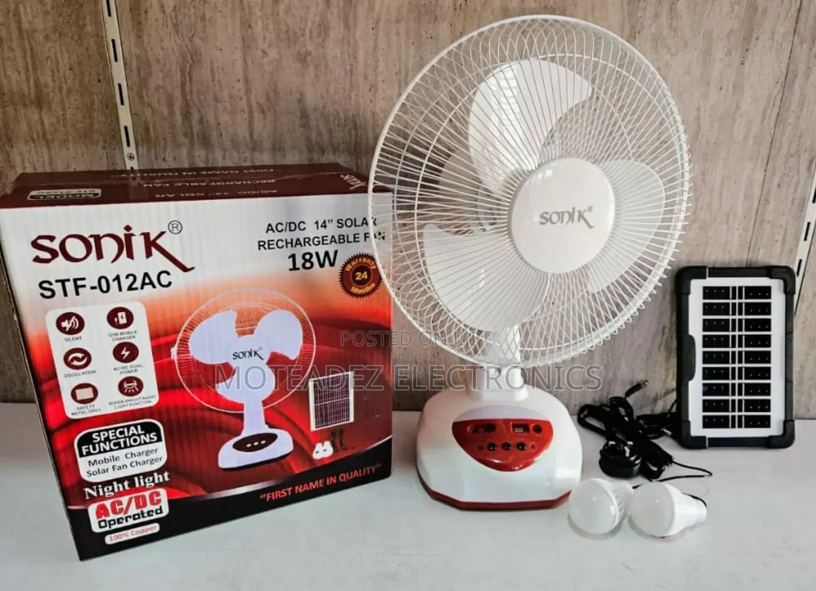 Sonik 14" Ac/Dc Solar Rechargeable Table Fan With Solar Panel Bulbs