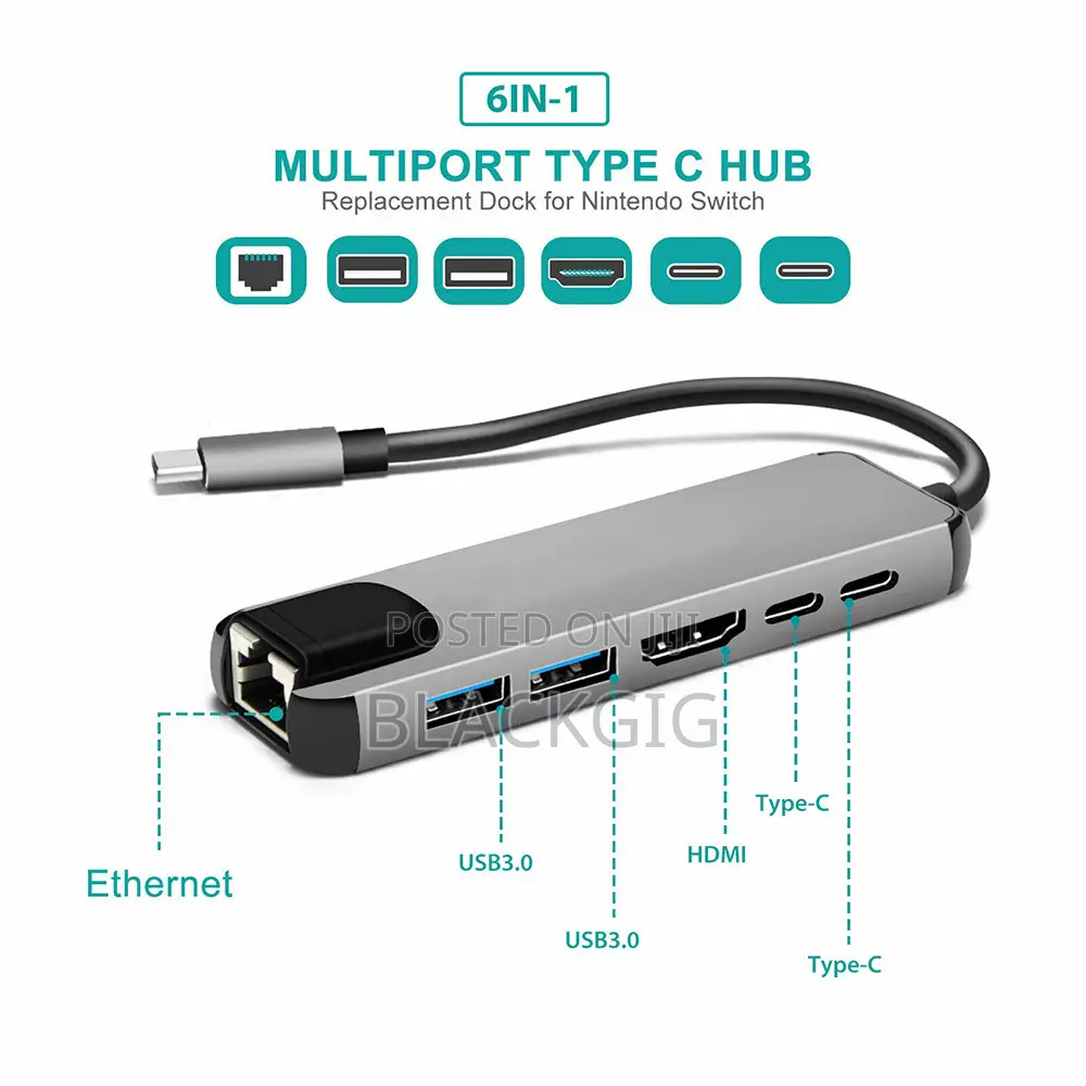 6in1 Usb Hub Typec Dock Station 100w Usb Rj45 Docking Charging Station