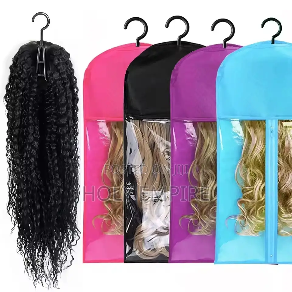 Wig Storage Bags With Sturdy Metal Hangers - Black Transparent Design