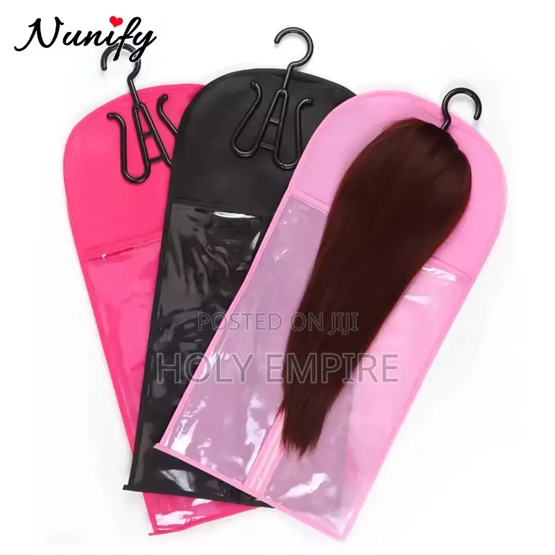 Wig Storage Bags With Sturdy Metal Hangers - Black Transparent Design