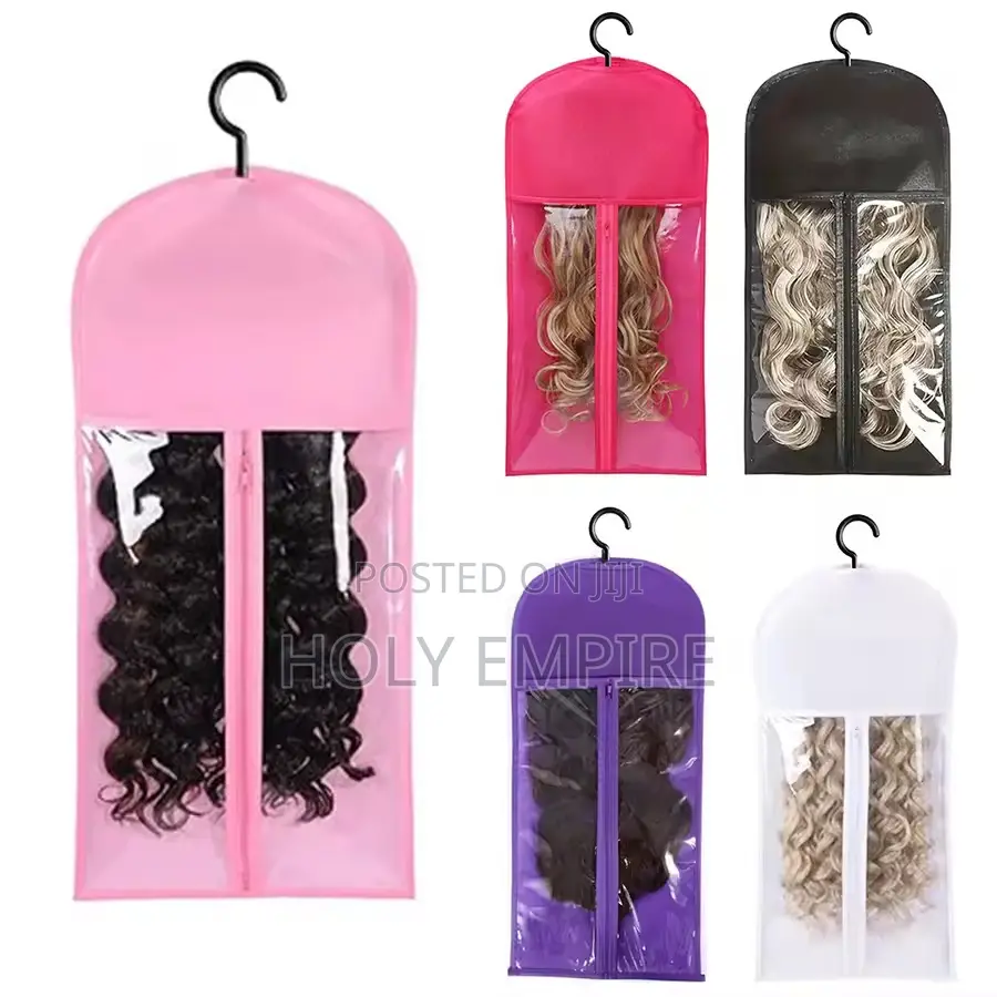 Wig Storage Bags With Sturdy Metal Hangers - Black Transparent Design