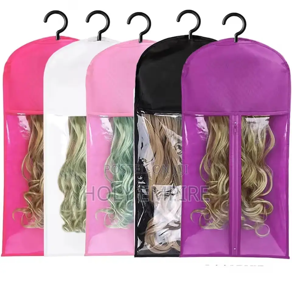 Wig Storage Bags With Sturdy Metal Hangers - Black Transparent Design