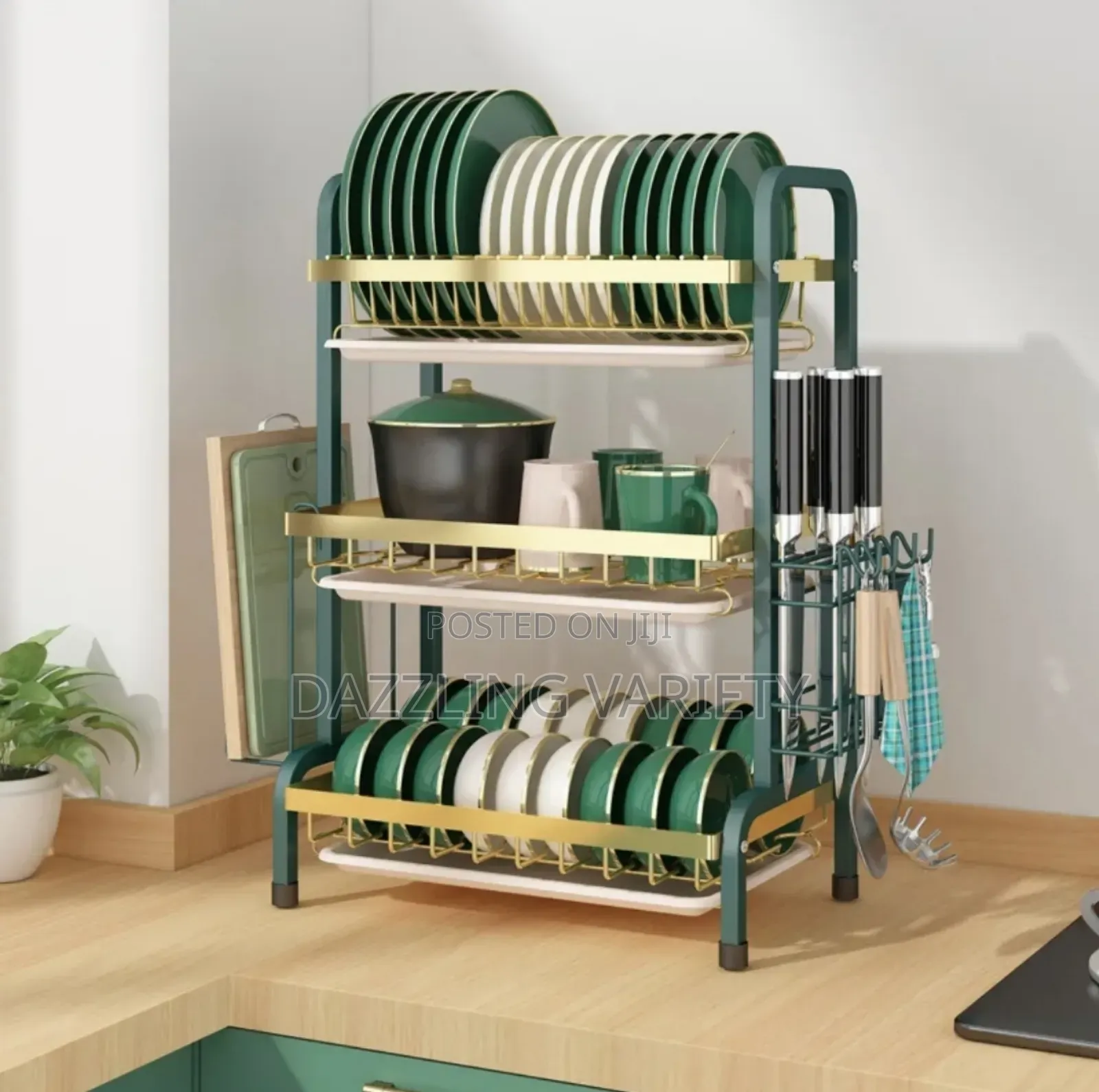 3 Tier, Green And Gold Plate Rack