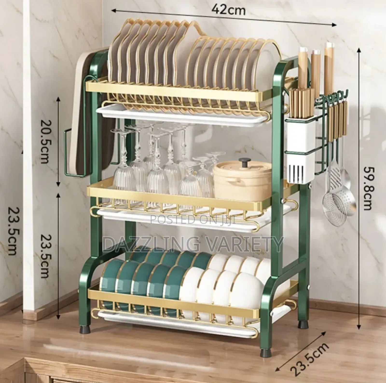 3 Tier, Green And Gold Plate Rack