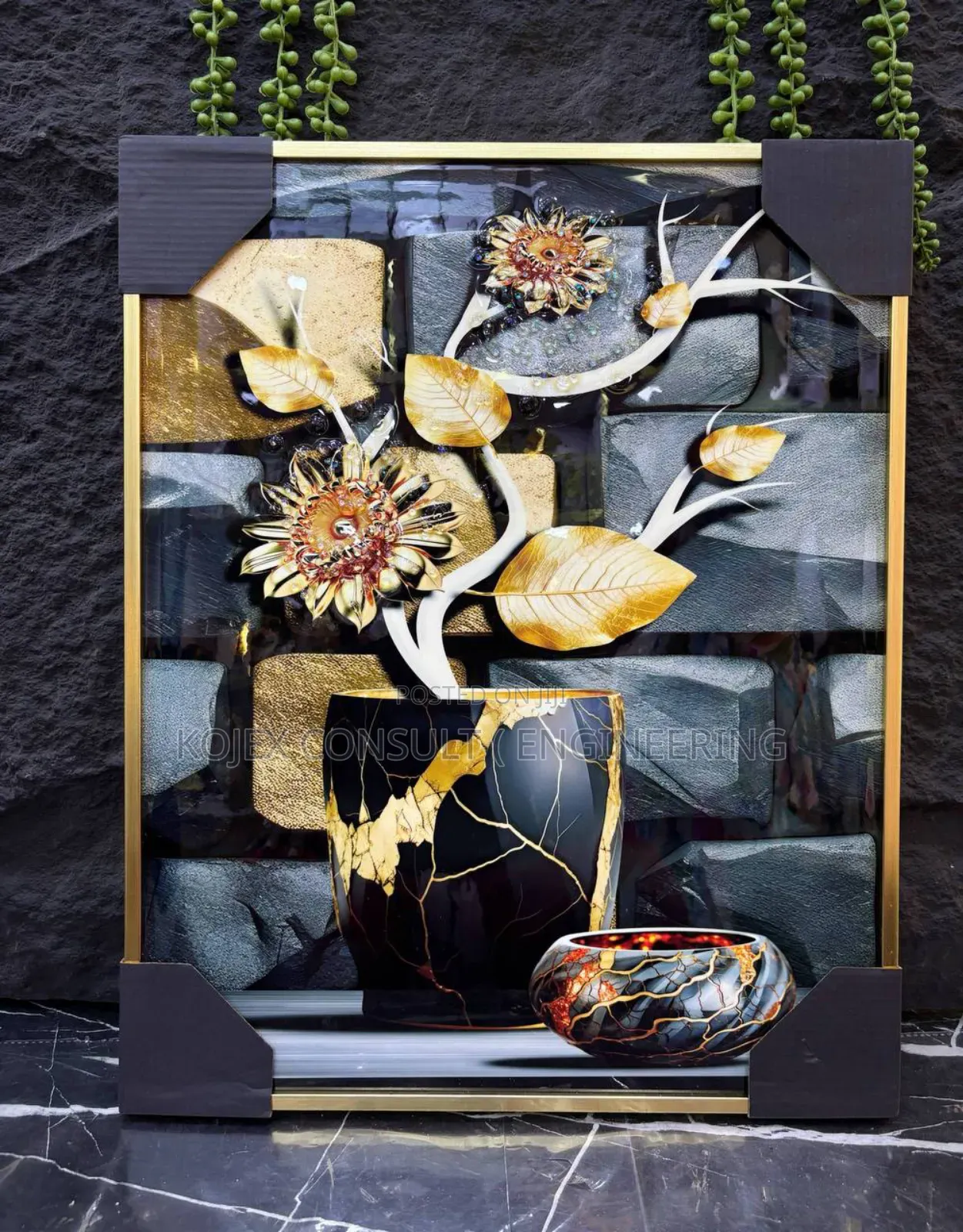 Diamond Crystal Encrusted Painting With Gold Frame .