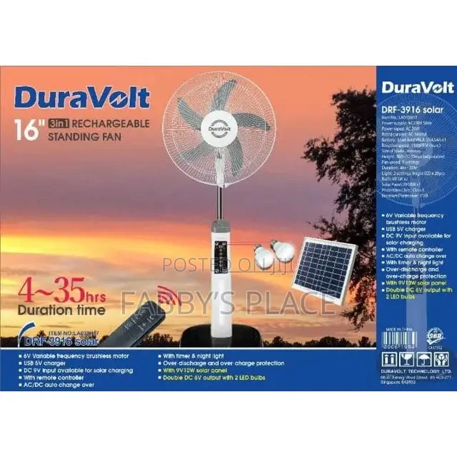 16” 3-in-1 Duravolt Rechargeable Fan With Solar Panel