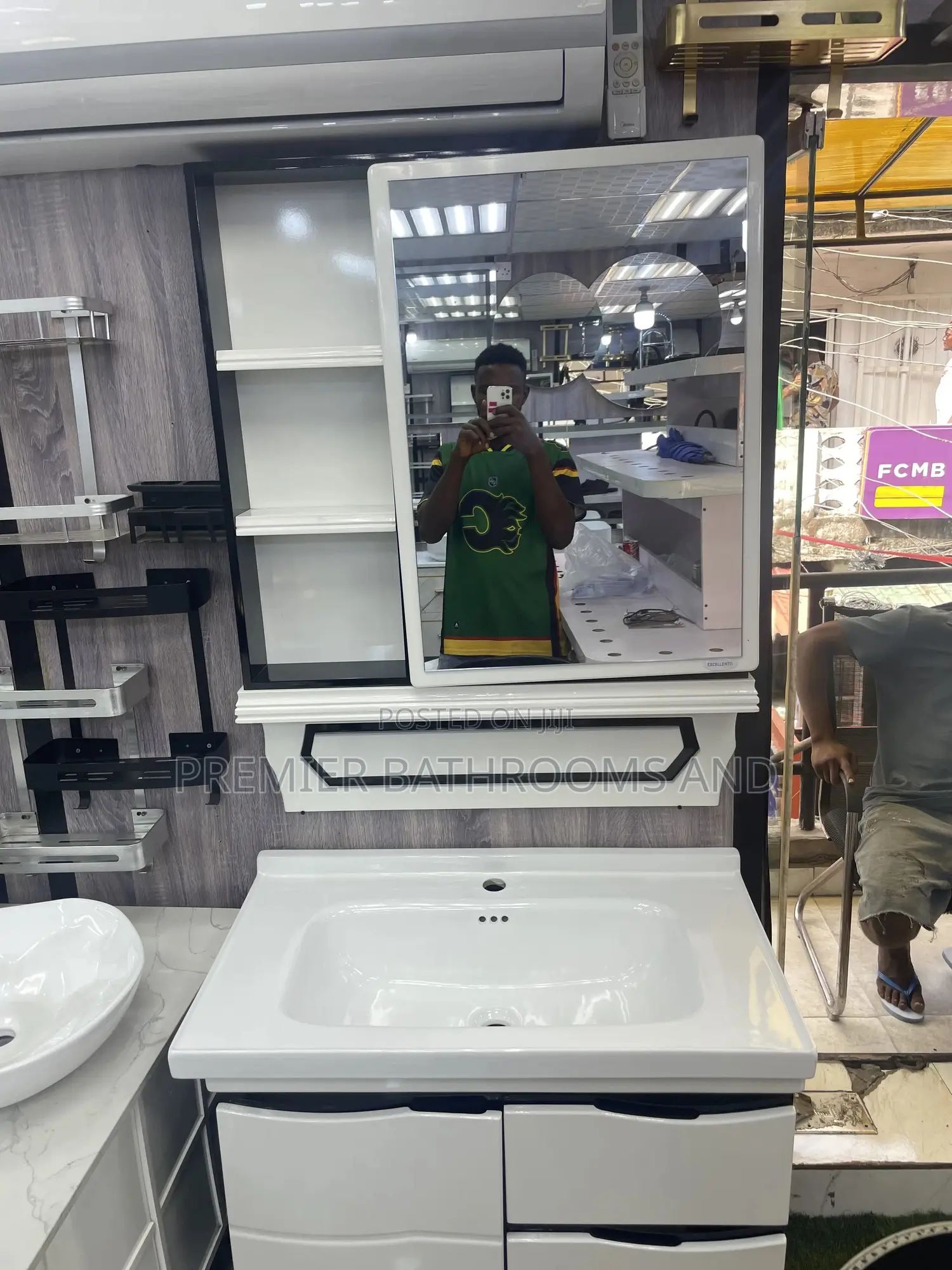 Black and White Hanging Basin With Mirror