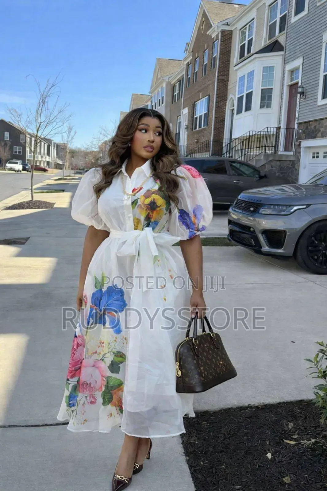 Floral Organza White Midi Dress