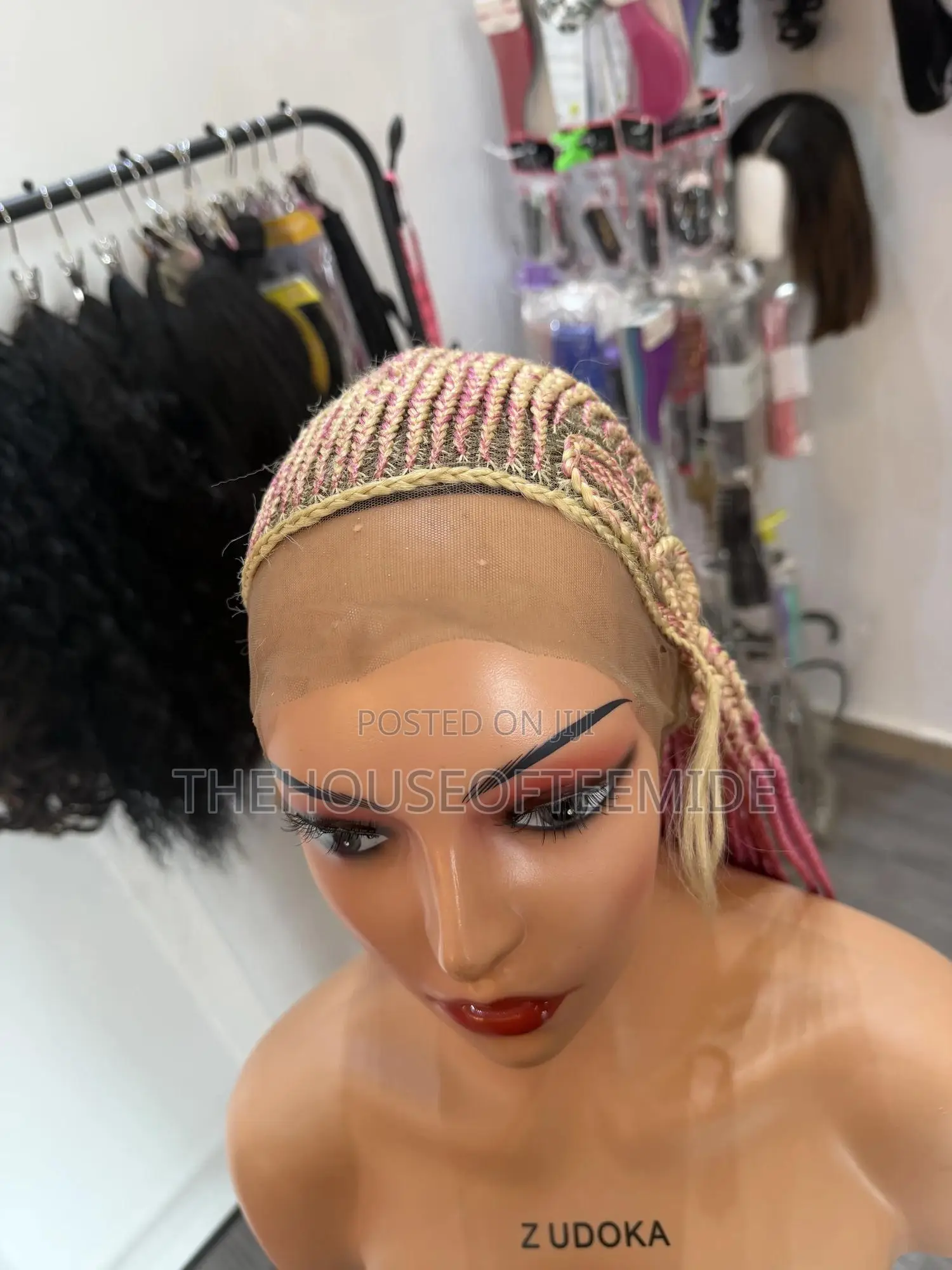 Full Frontal Blond Mixed With Pink Ghana Weaving Breaded Wig