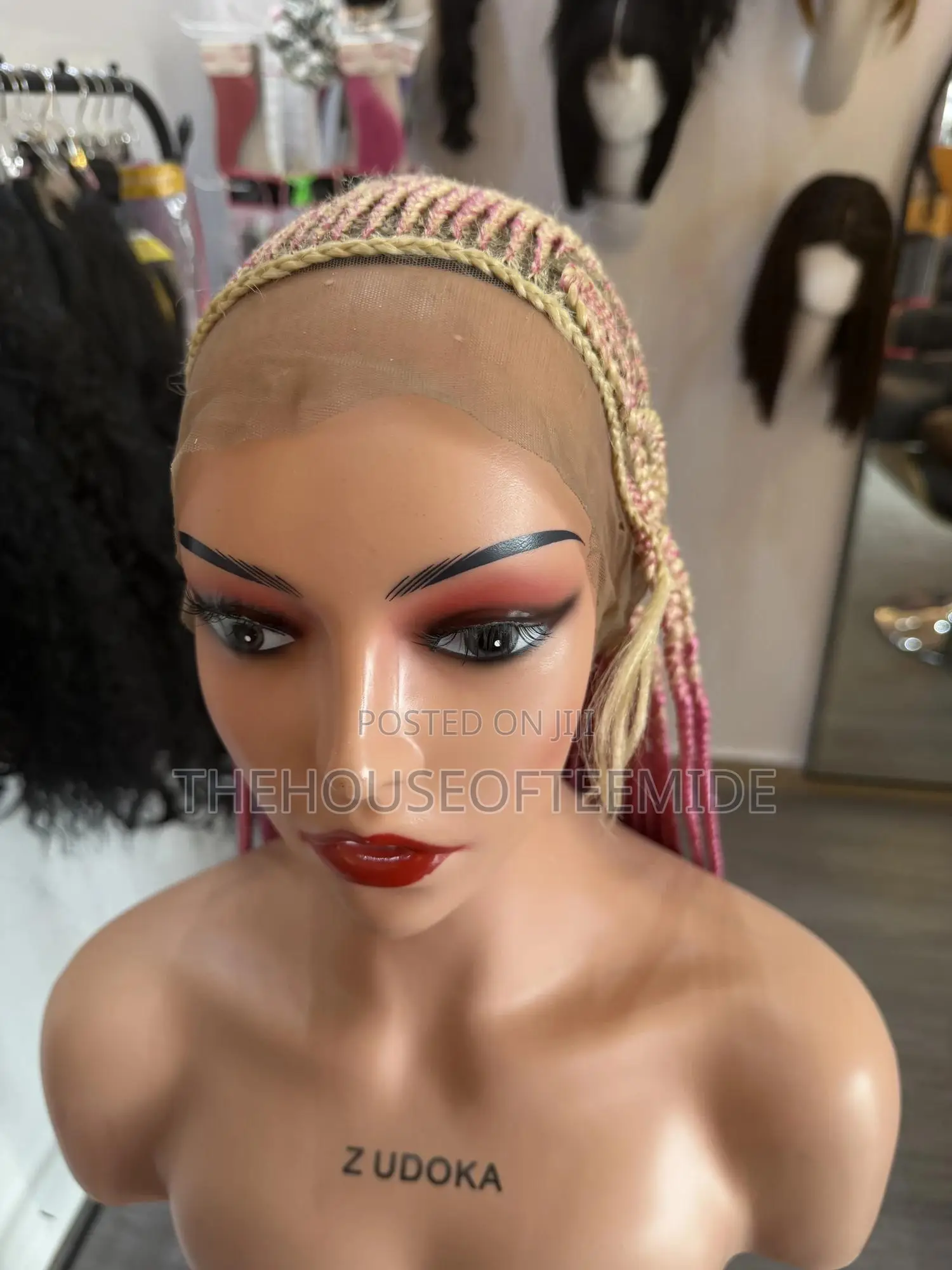 Full Frontal Blond Mixed With Pink Ghana Weaving Breaded Wig