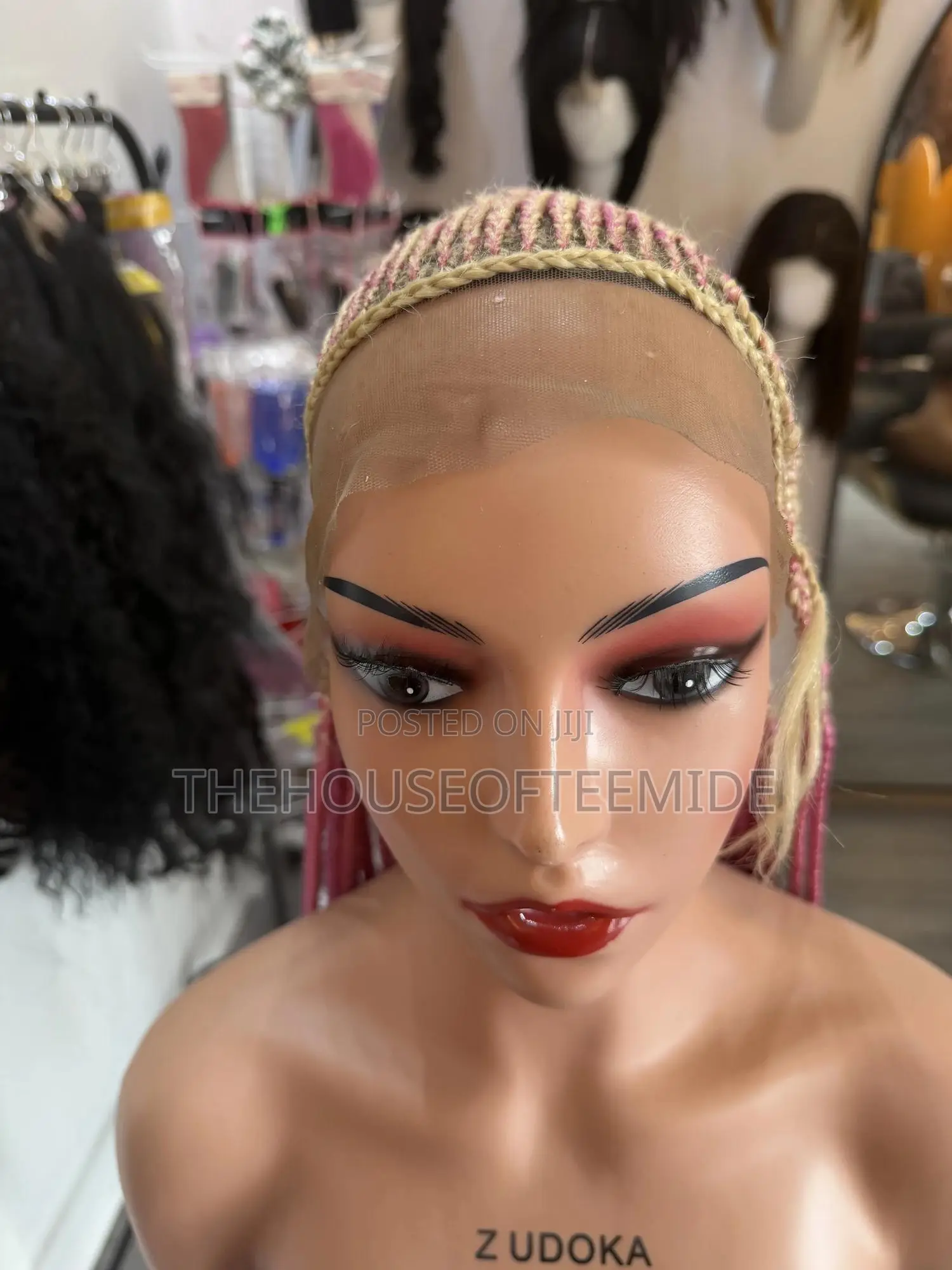 Full Frontal Blond Mixed With Pink Ghana Weaving Breaded Wig