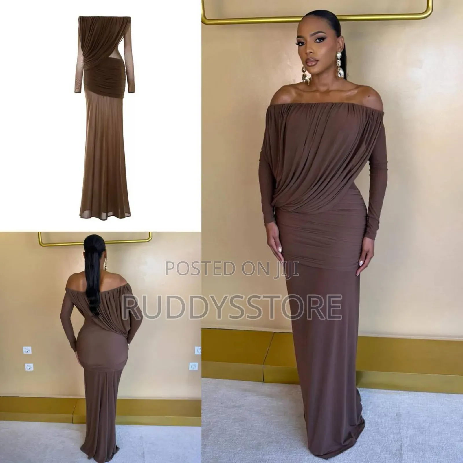 Off-Shoulder Draped Mesh Dress