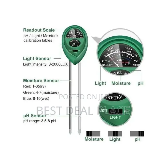 Soil Ph Meter 3-in-1 Soil Tester Moisture, Light, Hydroponics Analyzer