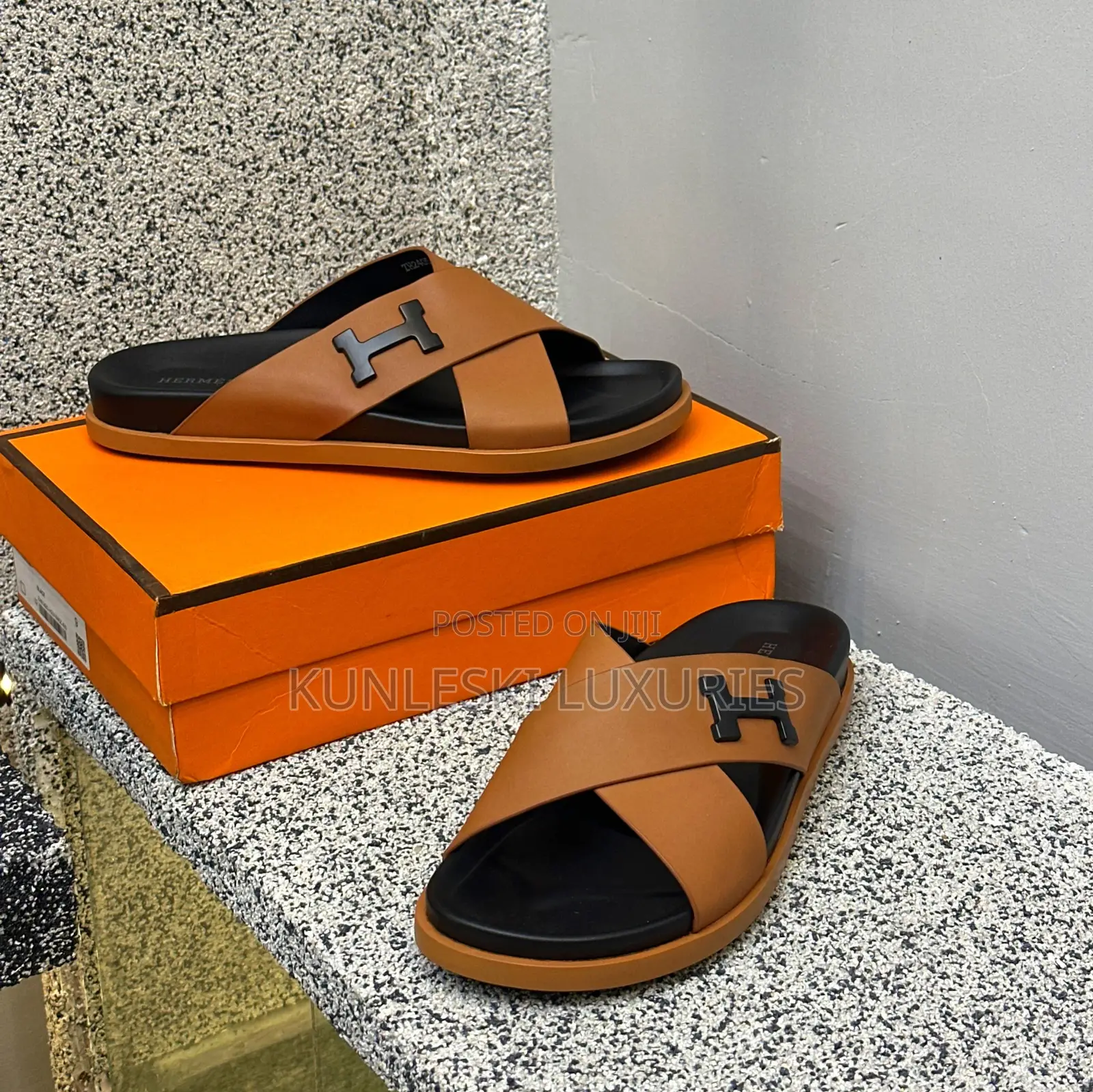 Original Hermes Matured Leather for Slippers Men