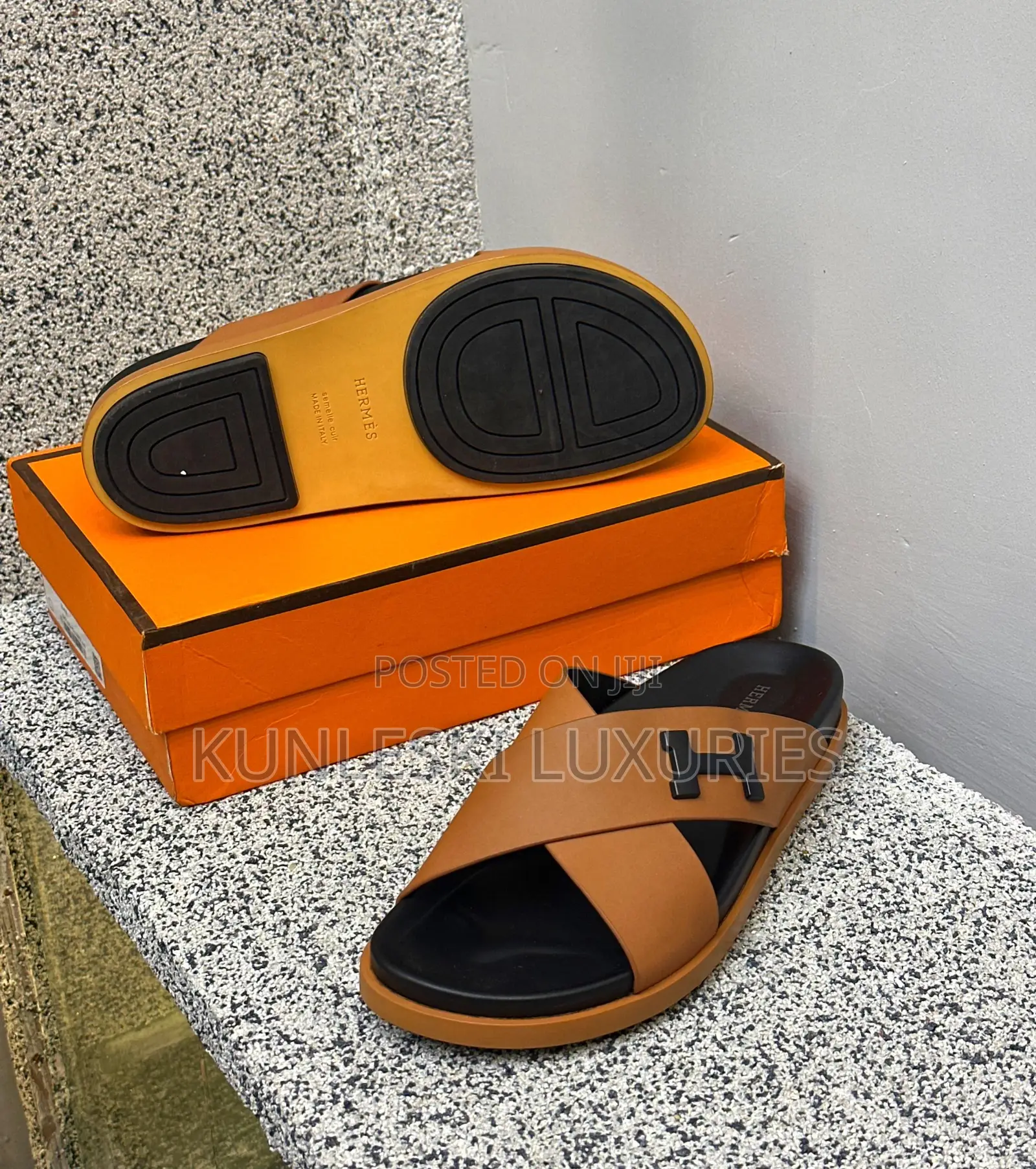 Original Hermes Matured Leather for Slippers Men