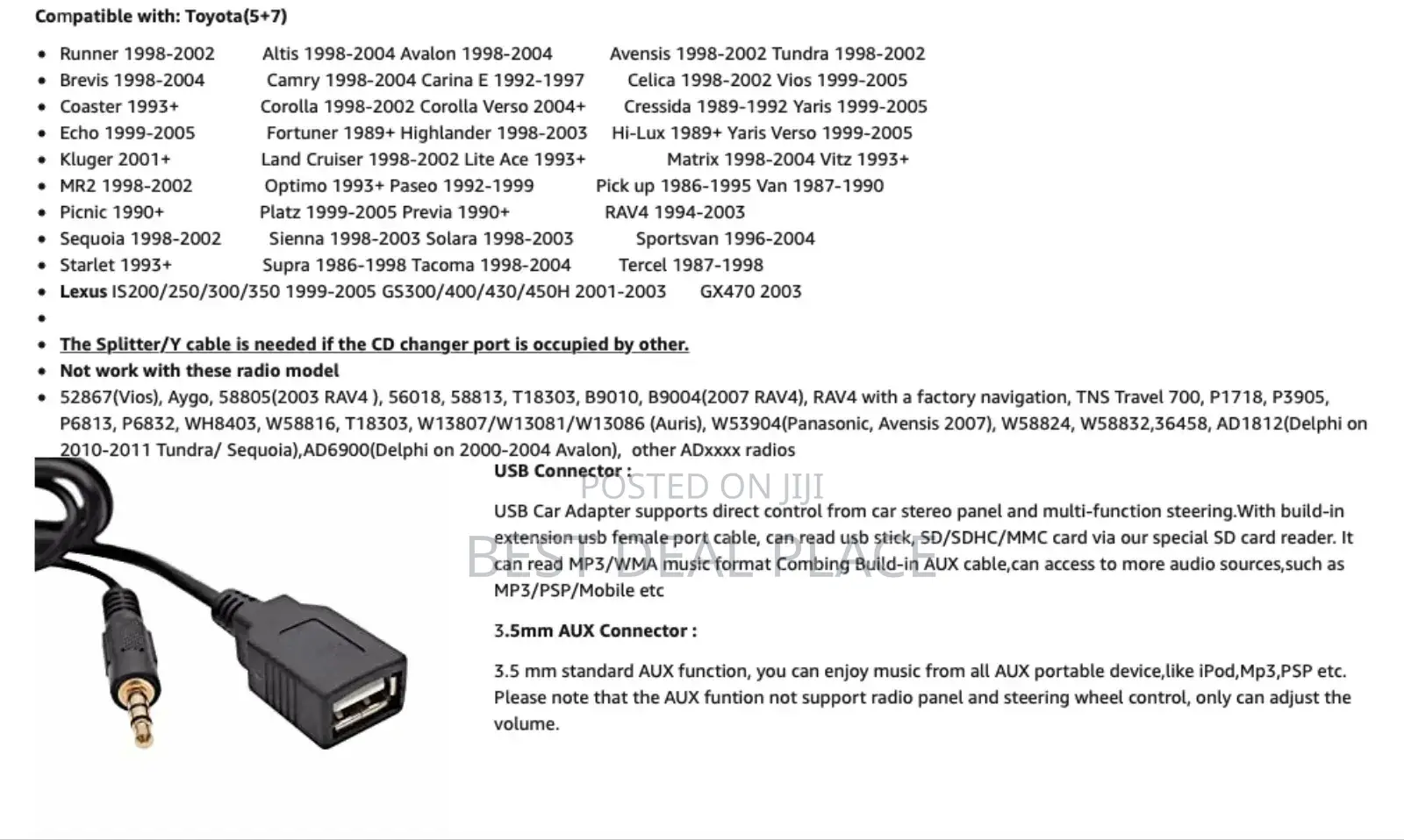 Car Usb Aux Mp3 Adapter for Toyota/Lexus