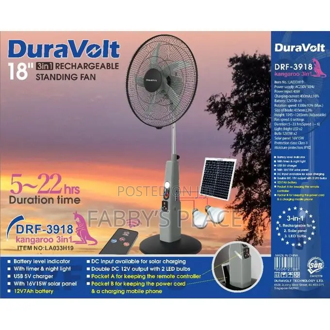 Duravolt 18” Rechargeable Fan | Solar Compatible | Strong Battery