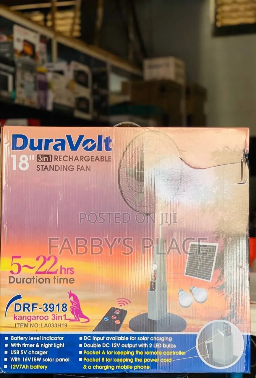 Duravolt 18” Rechargeable Fan | Solar Compatible | Strong Battery