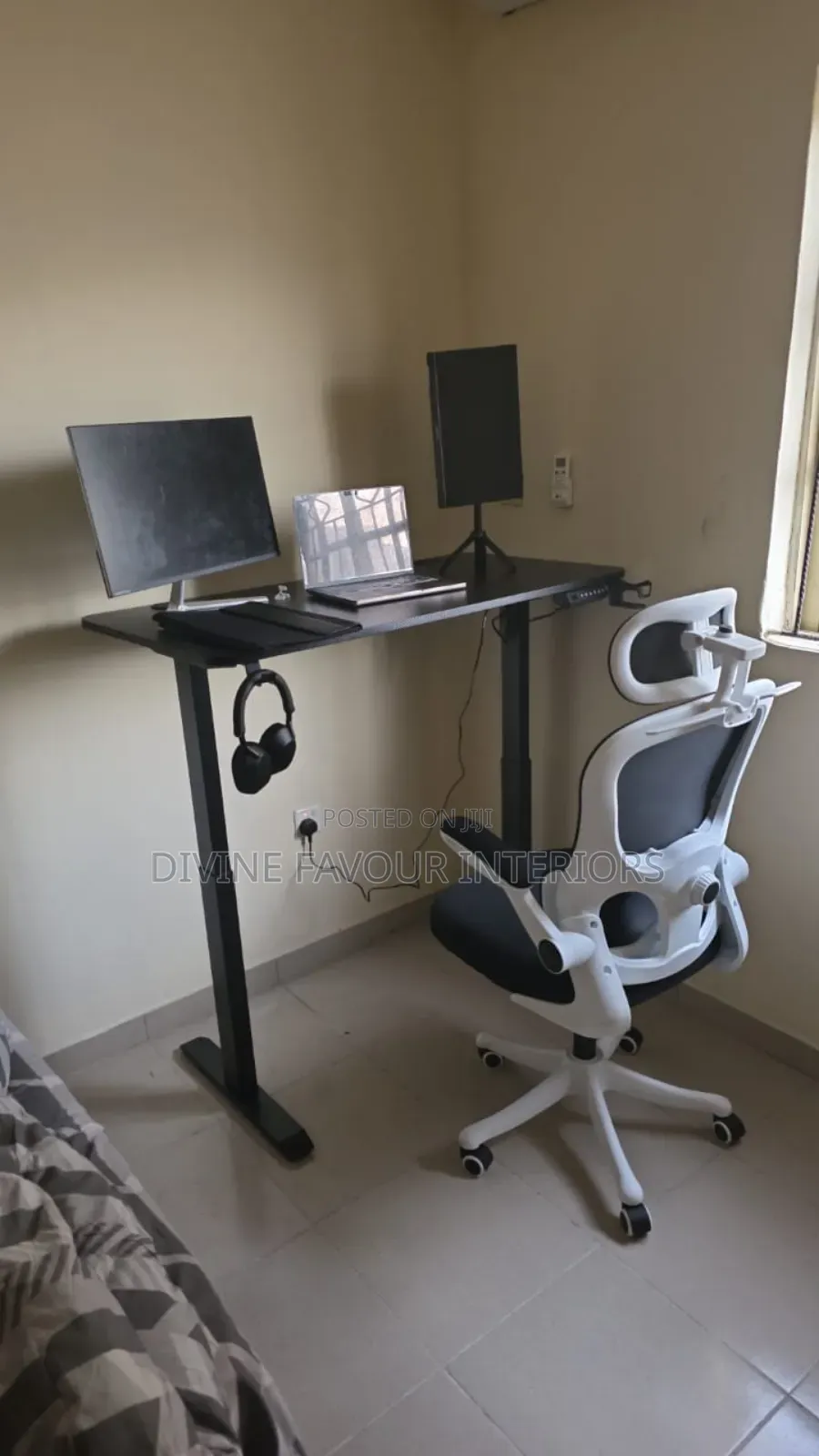 Electric Adjustable Desk With Egornomic Office Chair Lumbar Support