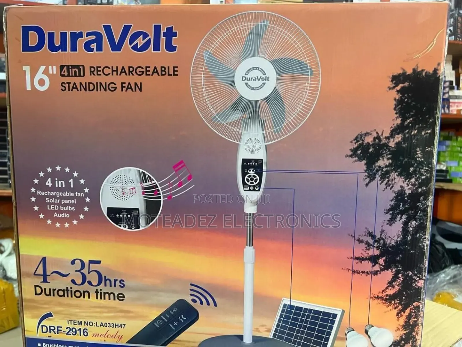 Duravolt (4in1) 16" Solar Rechargeable Fan With 2bulbs and Solar Panel
