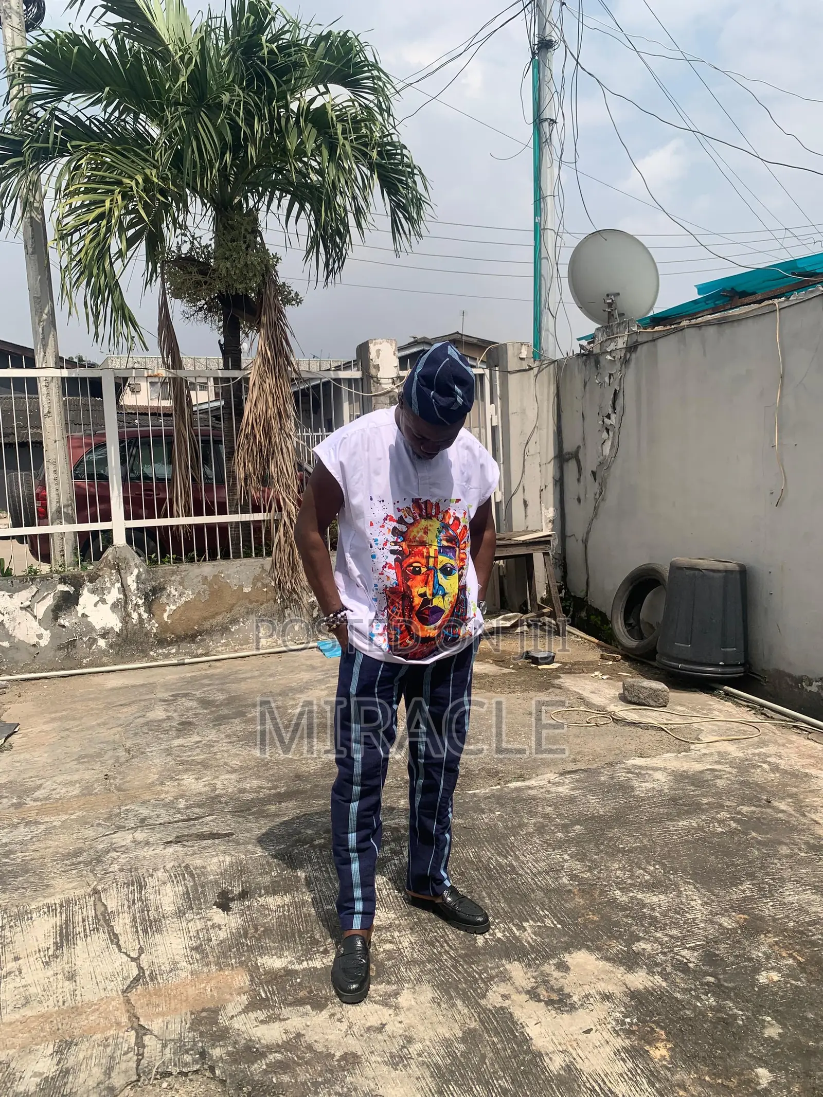Plain Danshiki With Artwork, Pant and Matching Cap