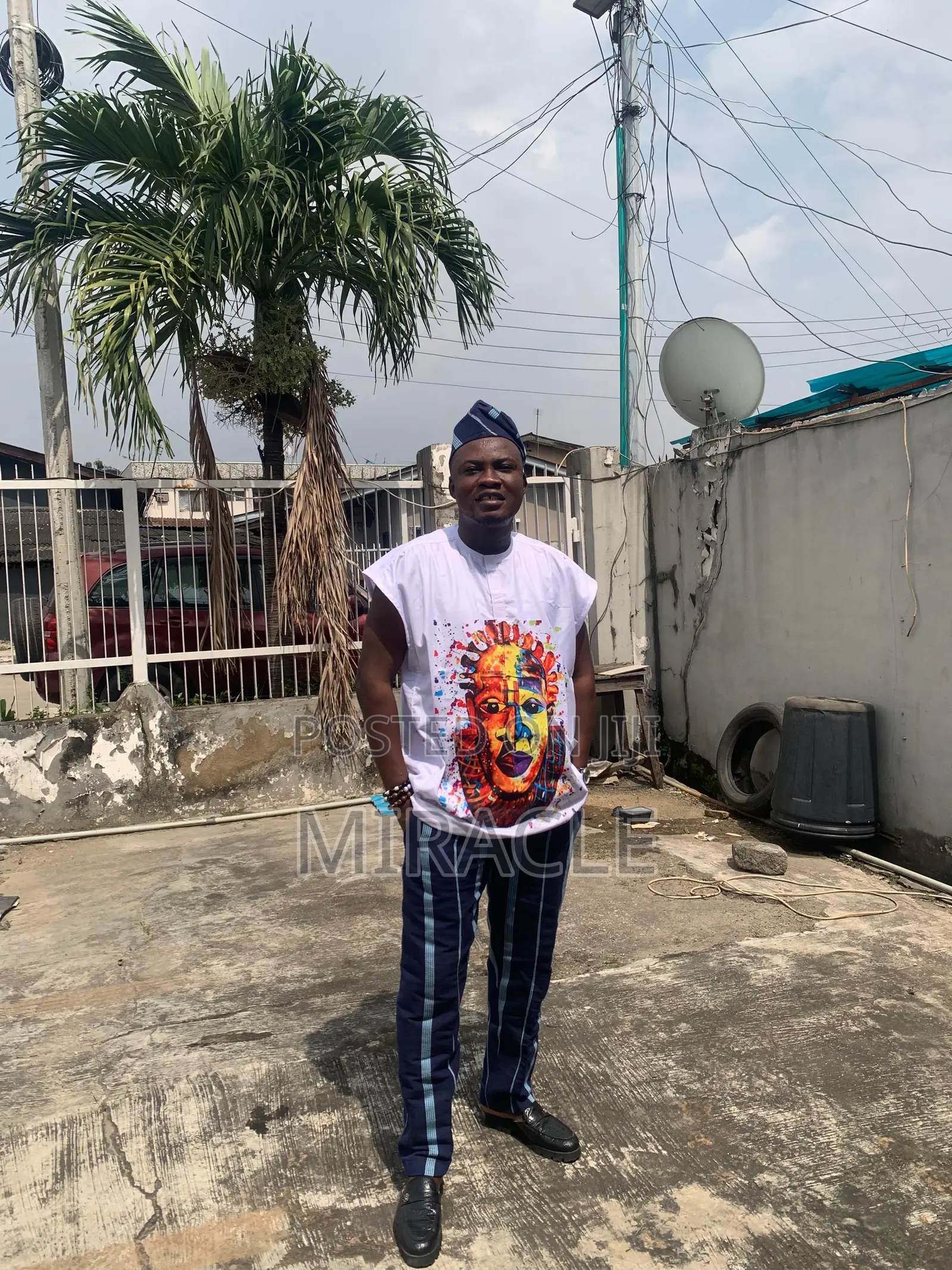 Plain Danshiki With Artwork, Pant and Matching Cap