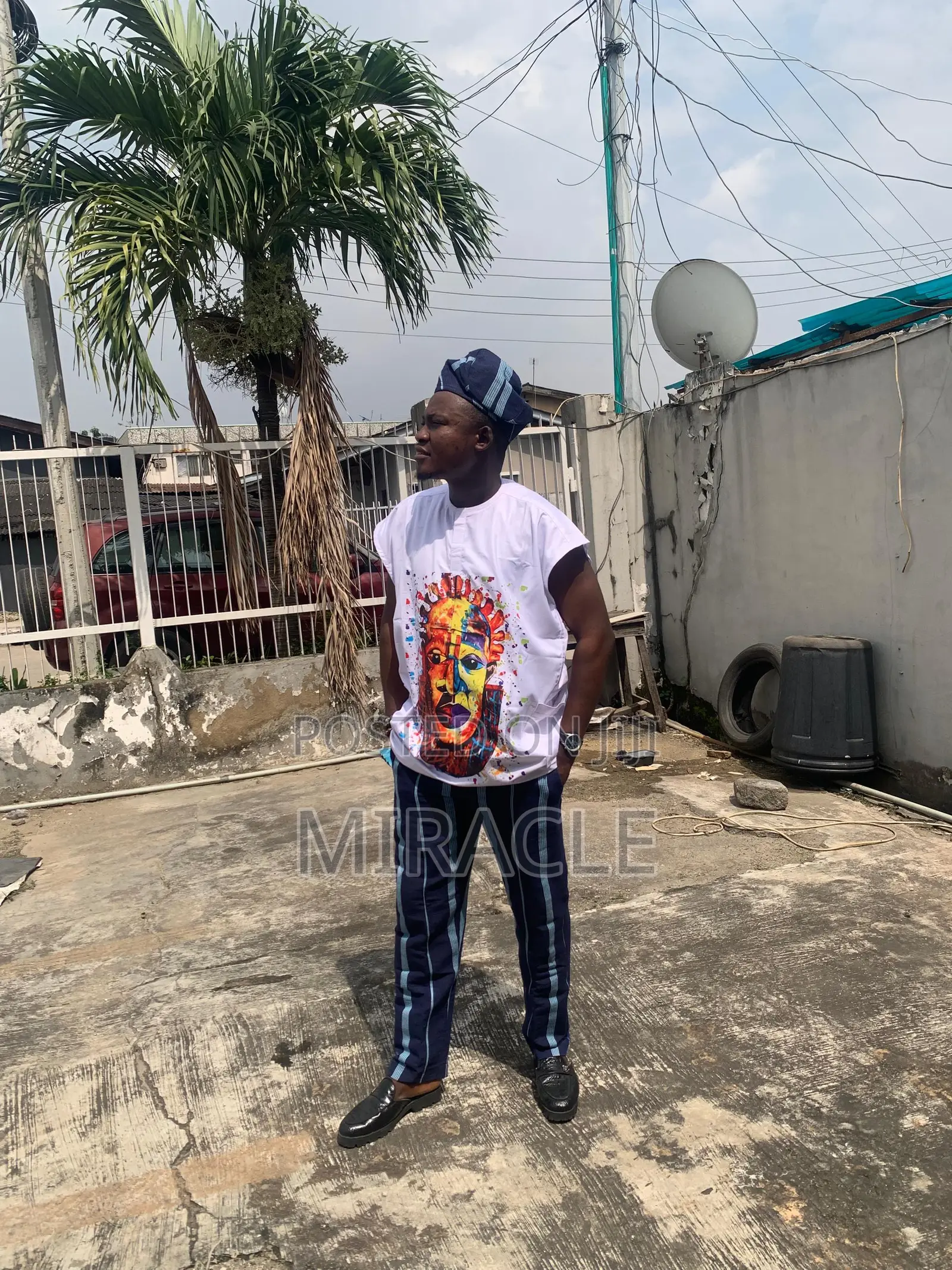 Plain Danshiki With Artwork, Pant and Matching Cap