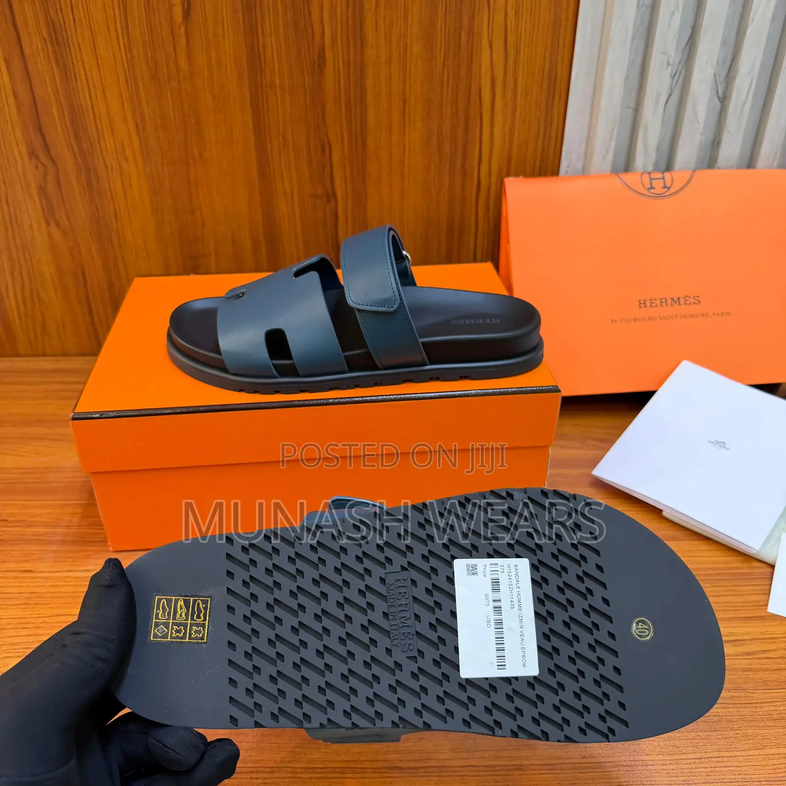 Luxury Hermes Leather Skin Slipers Available in Blue 40-47